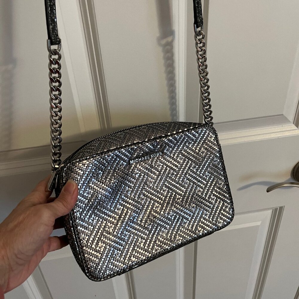 Michael Kors Pewter Metallic Crossbody Camera Bag EUC